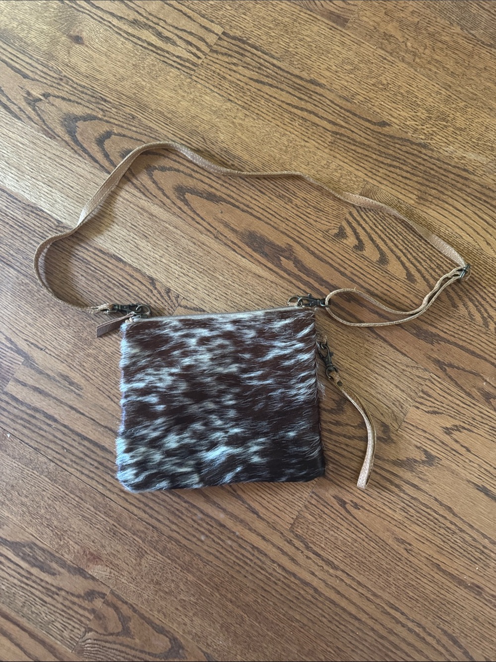 Myra Bag Brown and White Haircalf Crossbody with Tan Strap